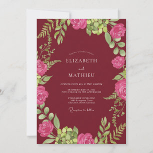 Moonlit Maroon Peony Wreath Wedding Invitation