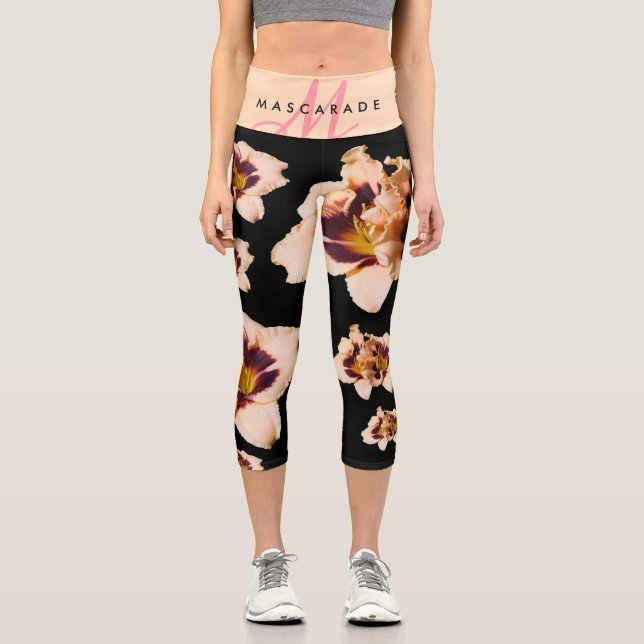 Moonlit Masquerade Cream Purple Gold Daylilies Capri Leggings (Front)