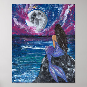 Moonlit mermaid handmade artwork  poster