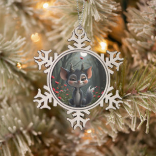 Moonlit Mischief Forest Spirit of Crimson Bloom. Snowflake Pewter Christmas Ornament