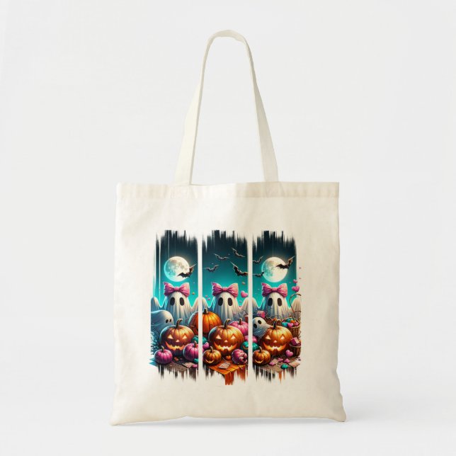 Moonlit Mischief – Ghosts in Pink Bows Tote Bag (Front)