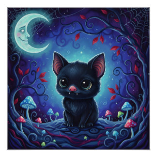 Moonlit Mischief – Whimsical Forest Bat Hybrid Poster