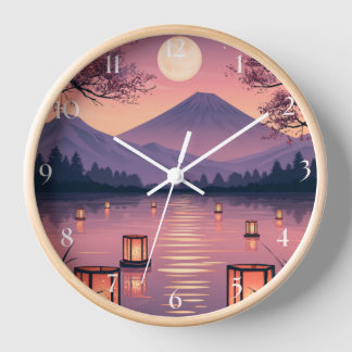 Moonlit Mount Fuji Cherry Blossoms and Lanterns Clock