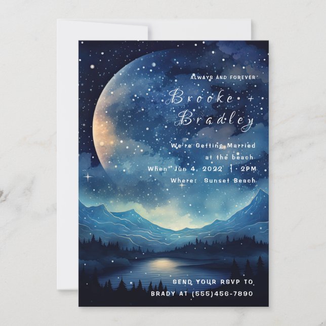 Moonlit Mountain Lake Wedding Invitation (Front)