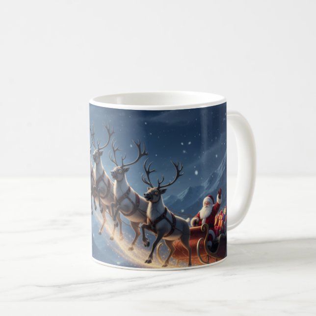 Moonlit Mountain Santa Reindeer Sleigh Christmas Coffee Mug (Front Right)