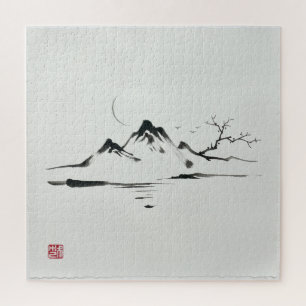 "Moonlit Mountains: Sumi-e Landscape" Jigsaw Puzzle