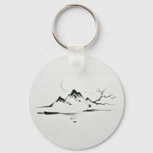 "Moonlit Mountains: Sumi-e Landscape" Keychain