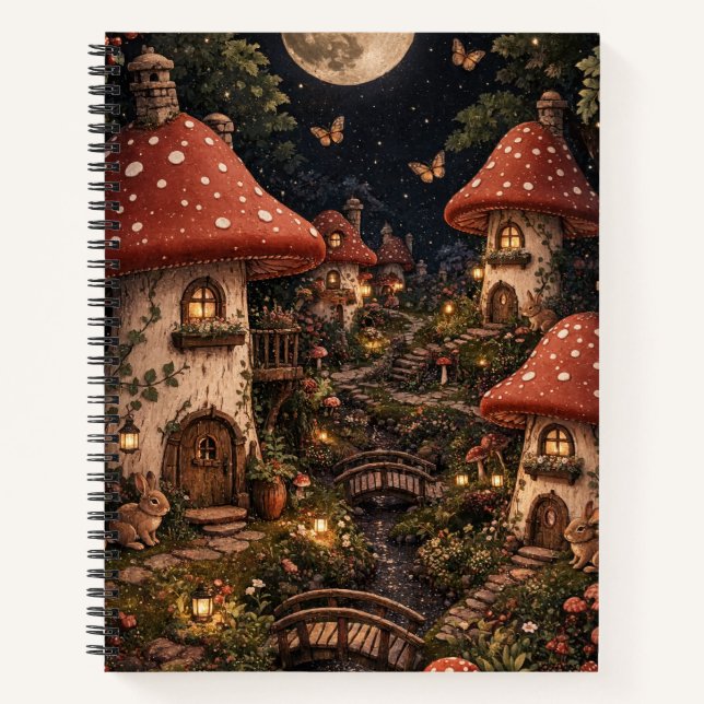 Moonlit Mushroom Village Fantasy Art Notebook (Front)