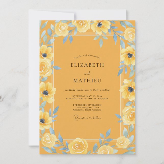 Moonlit Mustard Periwinkle Petal Wedding Invitation (Front)