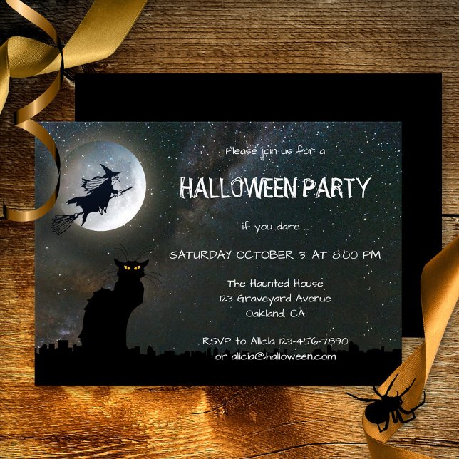 Moonlit Night Cat Halloween Party Invitation (Halloween party invitation featuring a black cat sitting on the roof at full moon - with witch)