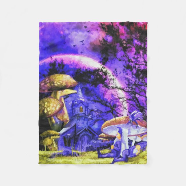 Moonlit Night Gnome Sitting Under Toadstool Fleece Blanket (Front)