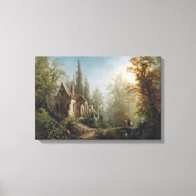 Moonlit Night over Country Chapel and Horse Riders Canvas Print (Front)