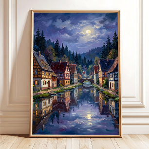 Moonlit Night Village Canvas Art Print