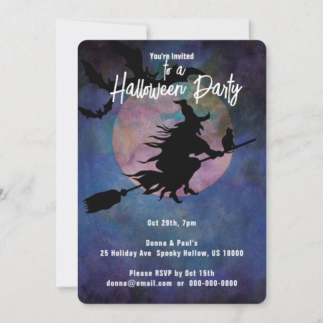 Moonlit Night with Wich, Halloween Party Invitation (Back)