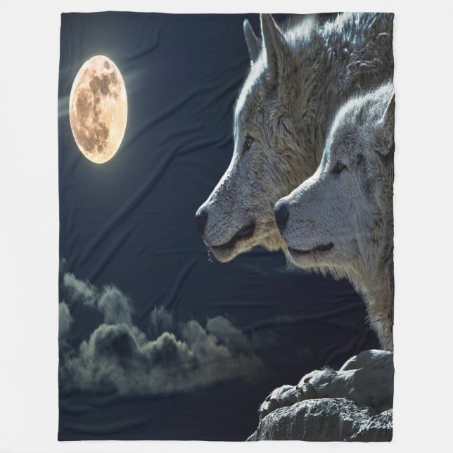 Moonlit Night Wolf Couple Fleece Blanket (Front)