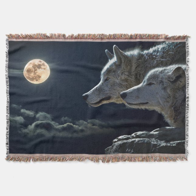 Moonlit Night Wolf Couple Throw Blanket (Front)