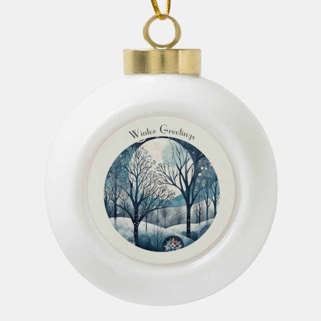 Moonlit Nordic Forest, customizable Ceramic Ball Christmas Ornament (Front)