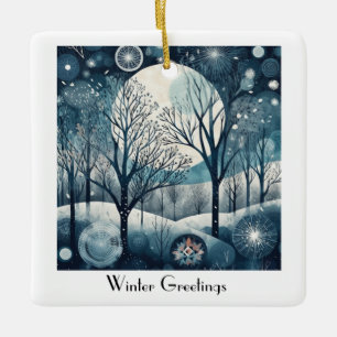 Moonlit Nordic Forest, customizable Ceramic Ornament