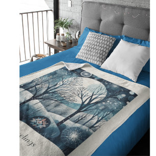 Moonlit Nordic Forest, customizable Fleece Blanket
