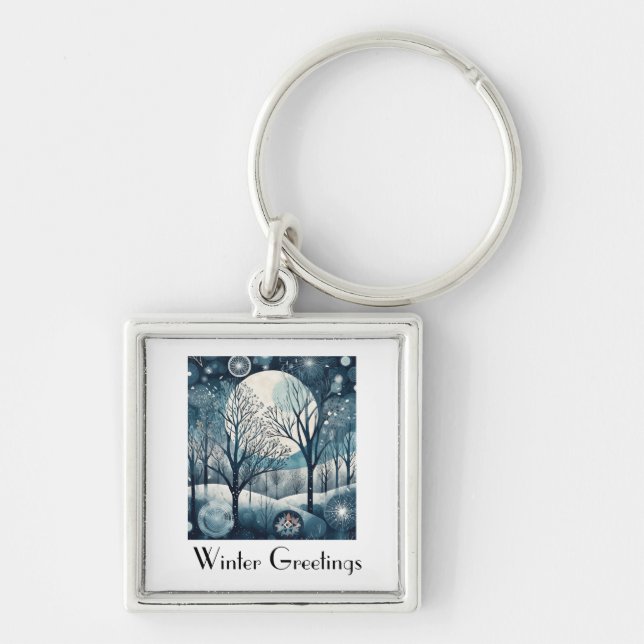 Moonlit Nordic Forest, customizable Keychain (Front)
