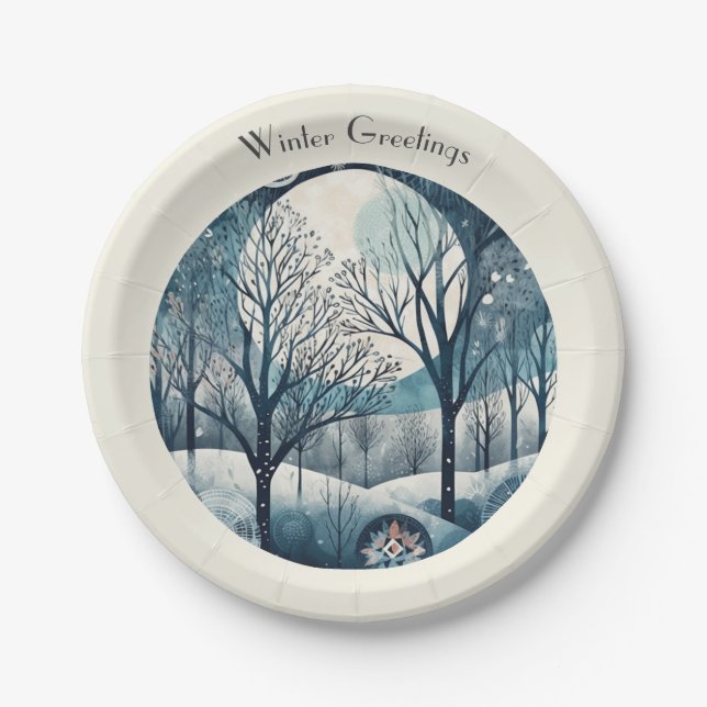 Moonlit Nordic Forest, customizable Paper Plate (Front)