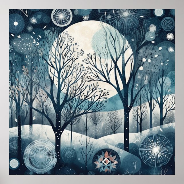 Moonlit Nordic Forest Winter Night Poster (Front)