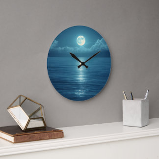 Moonlit Ocean Canvas Art | Full Moon Over Calm Sea Large Clock