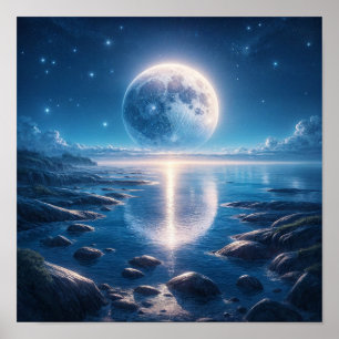 Moonlit Ocean Under Starry Sky Poster