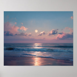 Moonlit Ocean Wall Art   Pastel Night Sea Landscap