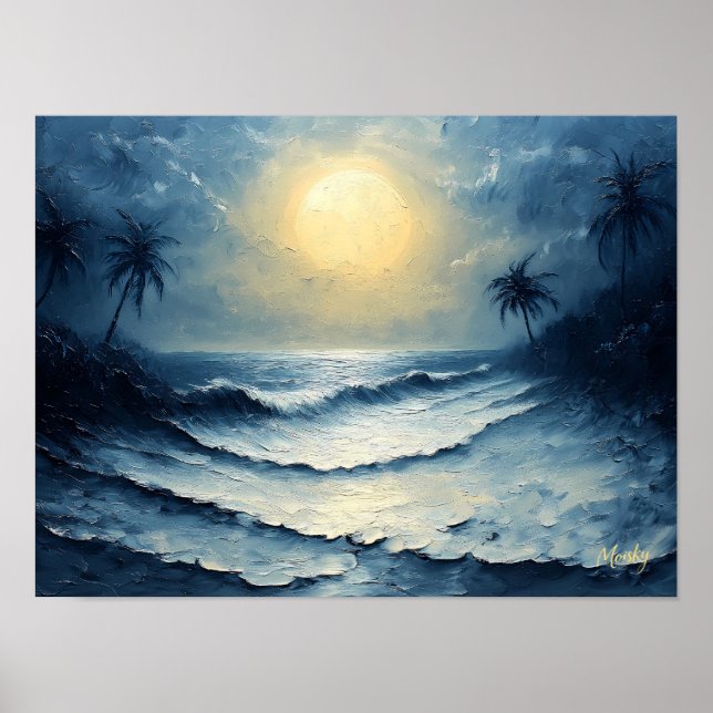Moonlit Ocean Waves – Abstract Seascape with Palms Poster (Front)