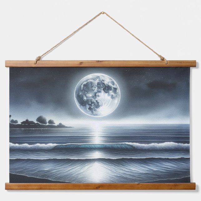 Moonlit Ocean Waves Celestial Night Sky Hanging Tapestry (Front)