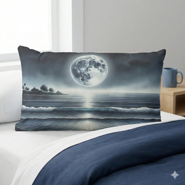 Moonlit Ocean Waves Celestial Night Sky Lumbar Pillow (Moonlit Ocean Waves Celestial Night Sky Lumbar Pillow Mockup A)
