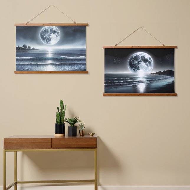 Moonlit Ocean Waves Under Starry Sky Hanging Tapestry (Asymmetrical)