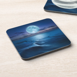 Moonlit Ocean Waves with Full Moon Coaster