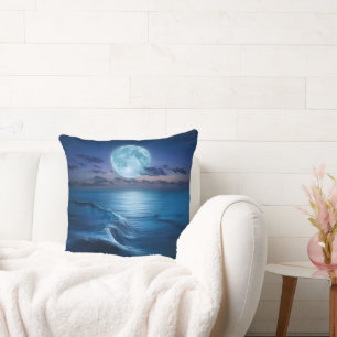Moonlit Ocean Waves with Full Moon Throw Pillow