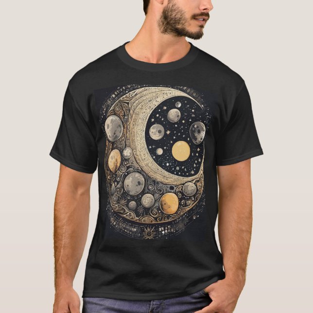 Moonlit Odyssey: Abstract Lunar Art T-Shirt (Front)