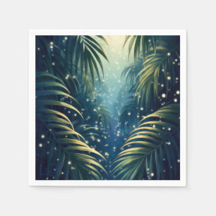 Moonlit palm leaves with fireflies, watercolor art napkin