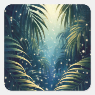 Moonlit palm leaves with fireflies, watercolor art square sticker