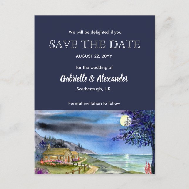 Moonlit Path Watercolor Wedding Save The Date Announcement Postcard (Front)