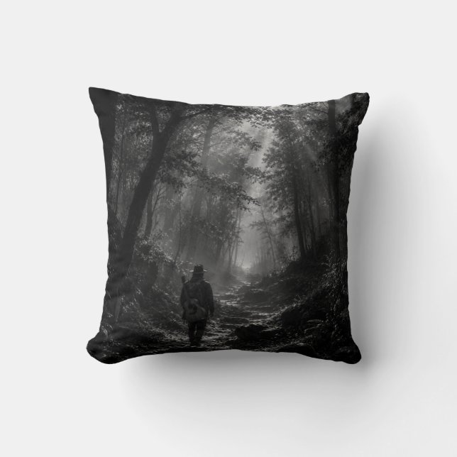Moonlit Pine Forest Wanderer Black and White  Throw Pillow (Front)