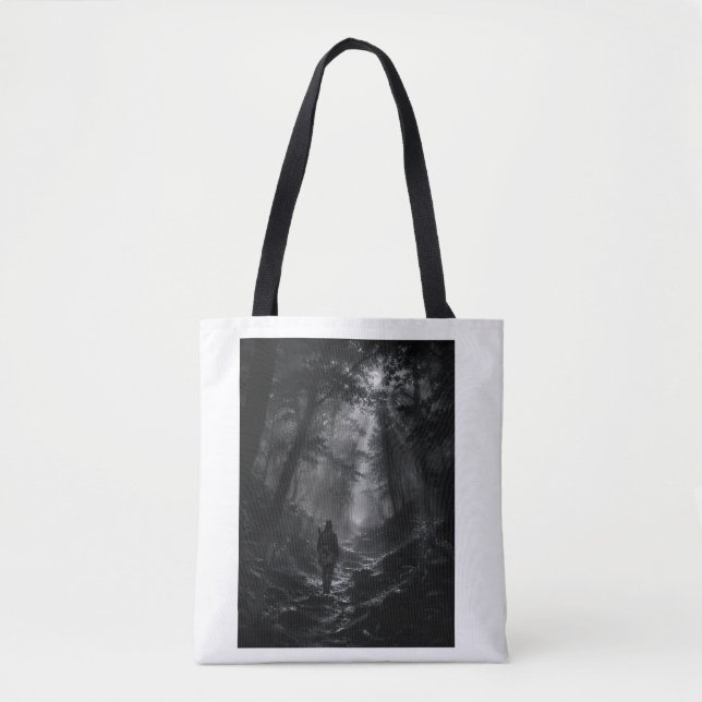 Moonlit Pine Forest Wanderer Black and White Tote  Bag (Front)
