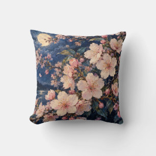 Moonlit Pink Cherry Blossoms Midnight Blue Floral Throw Pillow