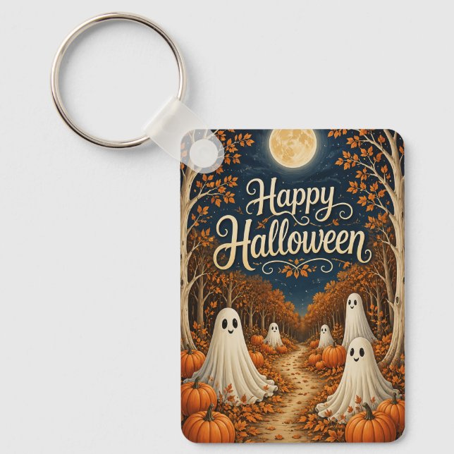 Moonlit Pumpkin Path Halloween Harvest Keychain (Front)