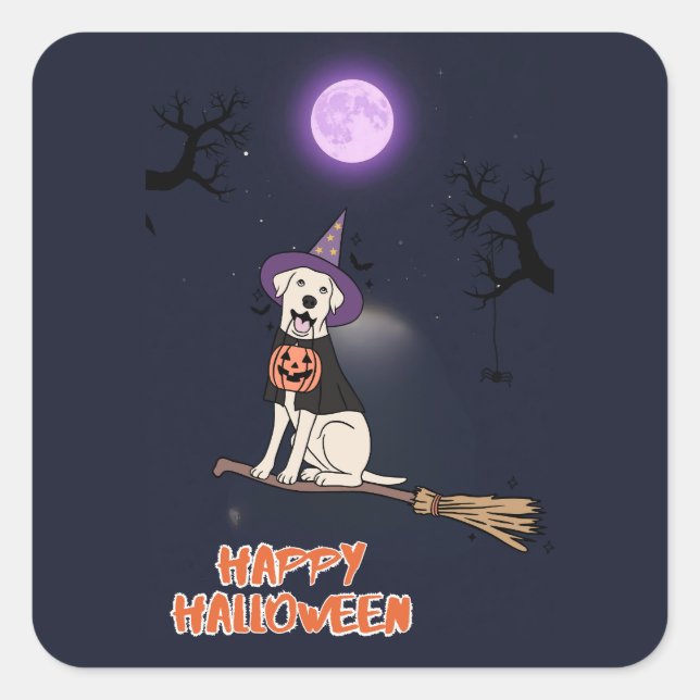 Moonlit Pup – Halloween Dog in Witch Hat Square Sticker (Front)