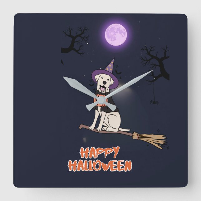 Moonlit Pup – Halloween Dog in Witch Hat Square Wall Clock (Front)