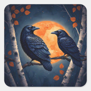 Moonlit Ravens on Birch Trees Square Sticker