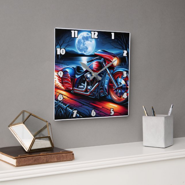 Moonlit ride with flag-adorned bike square wall clock (Office)
