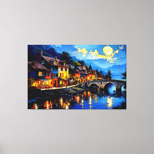 Moonlit Riverside Village Canvas Print