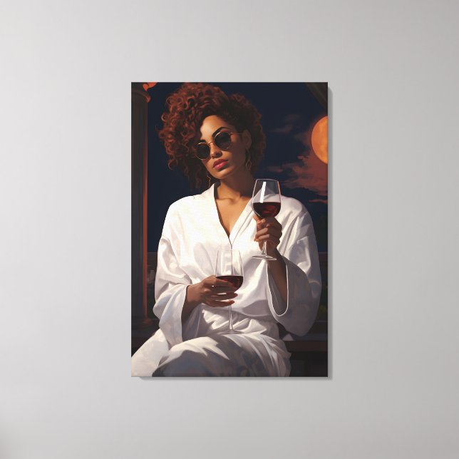 Moonlit Romance: Woman and the glass of Wine Canvas Print (Front)