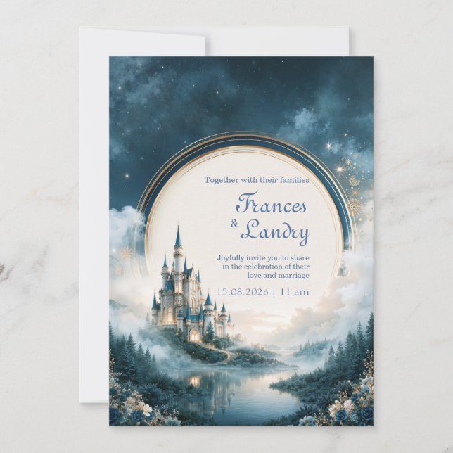Moonlit Sapphire Castle Landscape Wedding Invitation (Front)